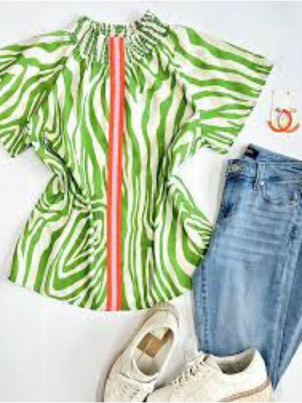 THML Green Swirl Print Flutter Sleeve Blouse with Coral Trim - Picture 3 of 7